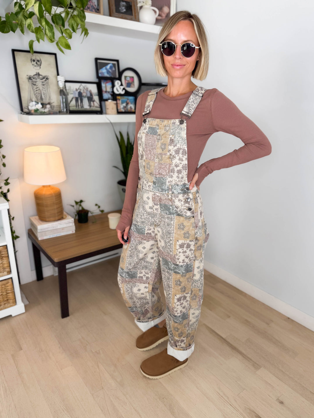 Fleur Vintage Floral Barrel Overalls- TAUPE MULTI