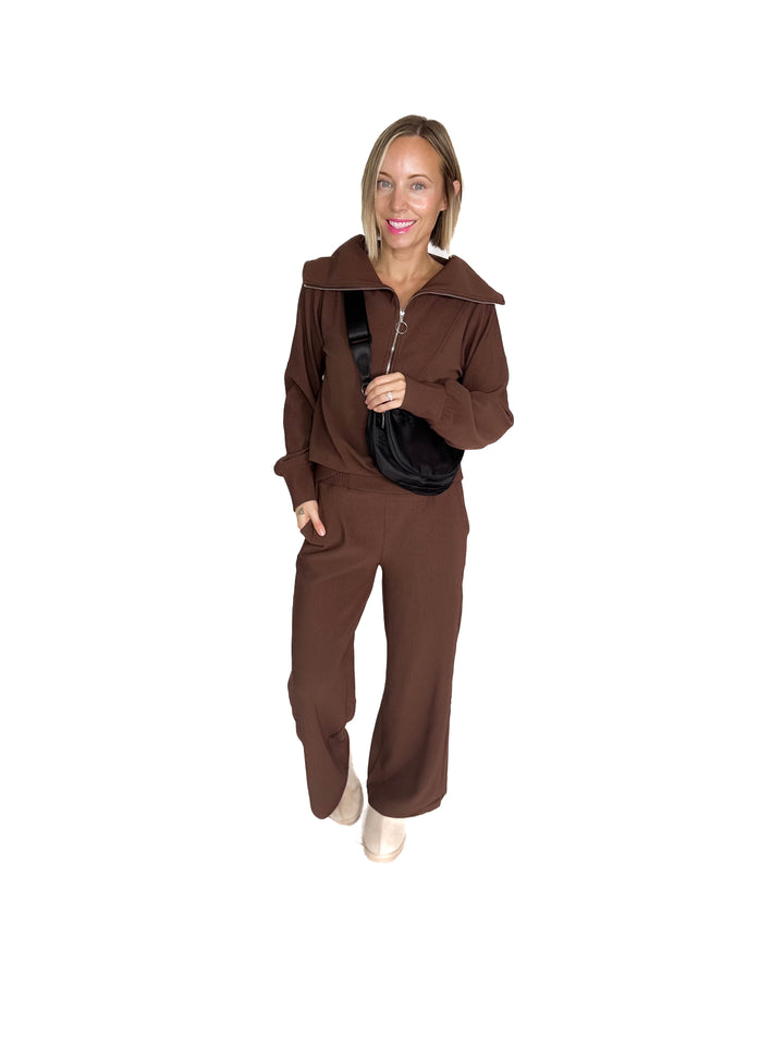 Cider Run Ribbed 1/2 Zip High Neck Set- BROWN-FINAL SALE
