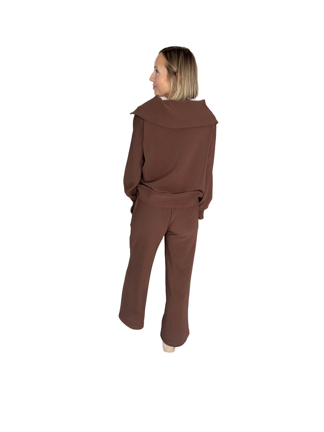 Cider Run Ribbed 1/2 Zip High Neck Set- BROWN-FINAL SALE