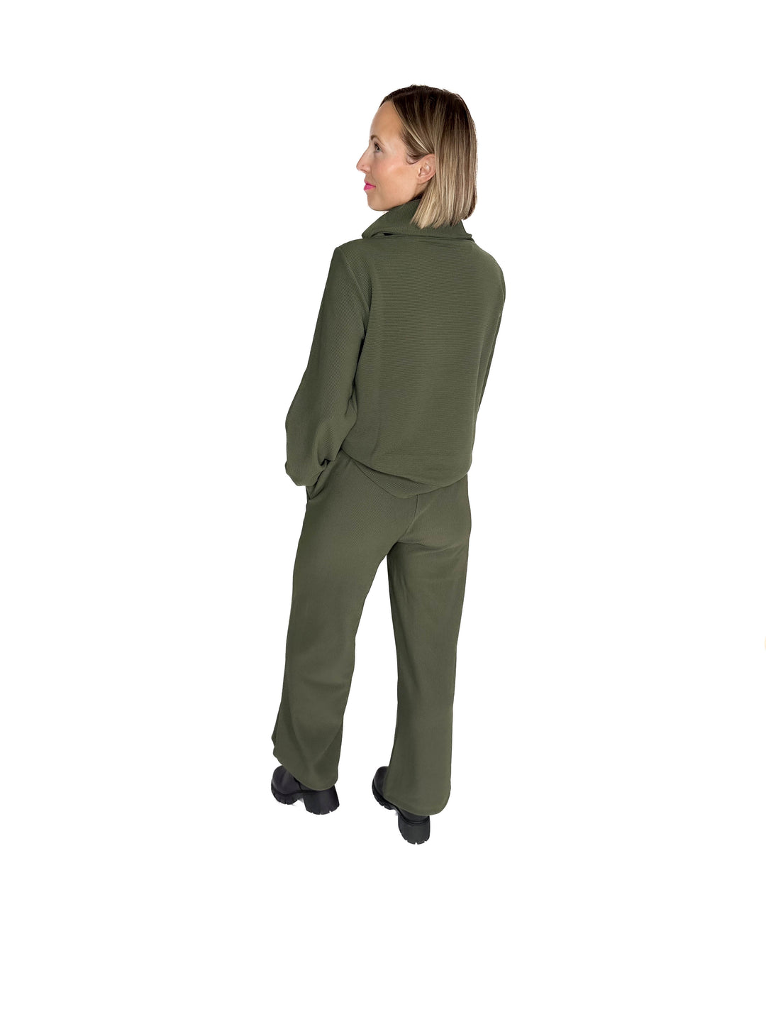 Cider Run Ribbed 1/2 Zip High Neck Set- DARK OLIVE-FINAL SALE