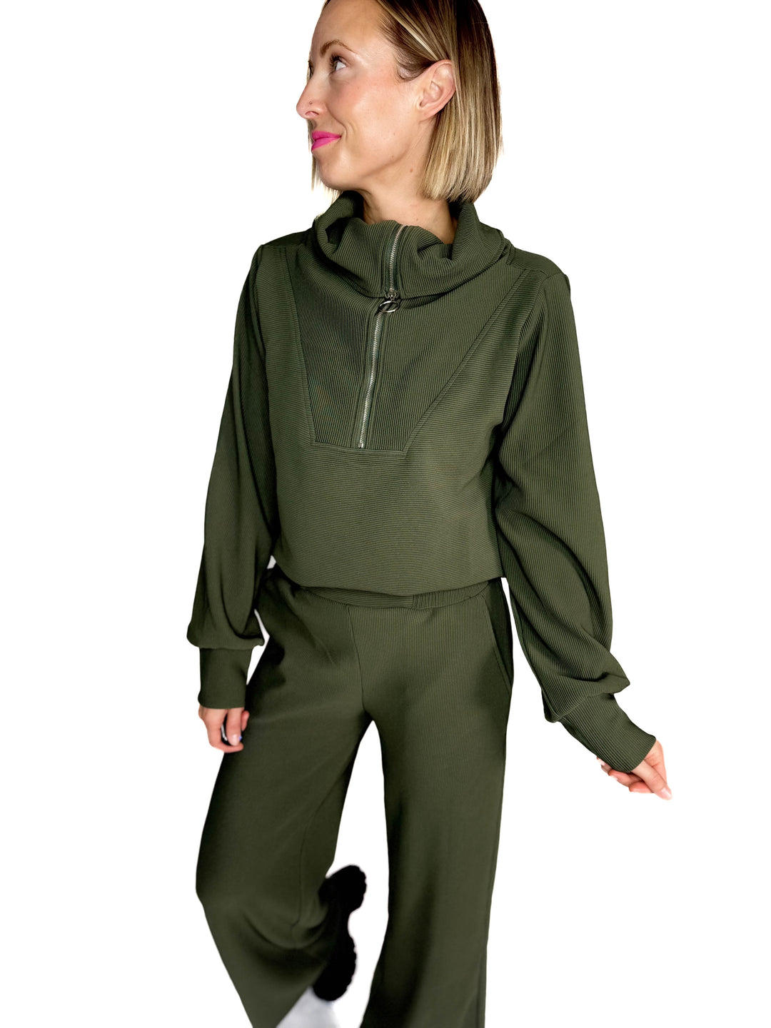 Cider Run Ribbed 1/2 Zip High Neck Set- DARK OLIVE-FINAL SALE