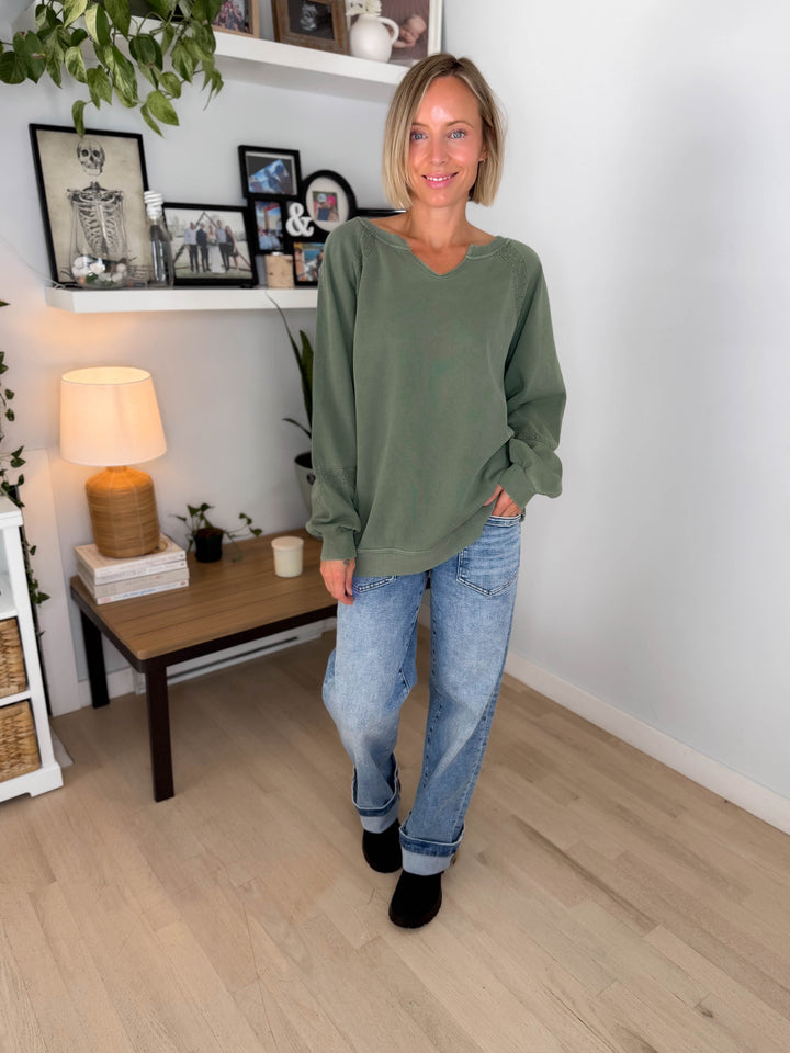 Irini Lace Accent Vintage Washed Pullover- OLIVE