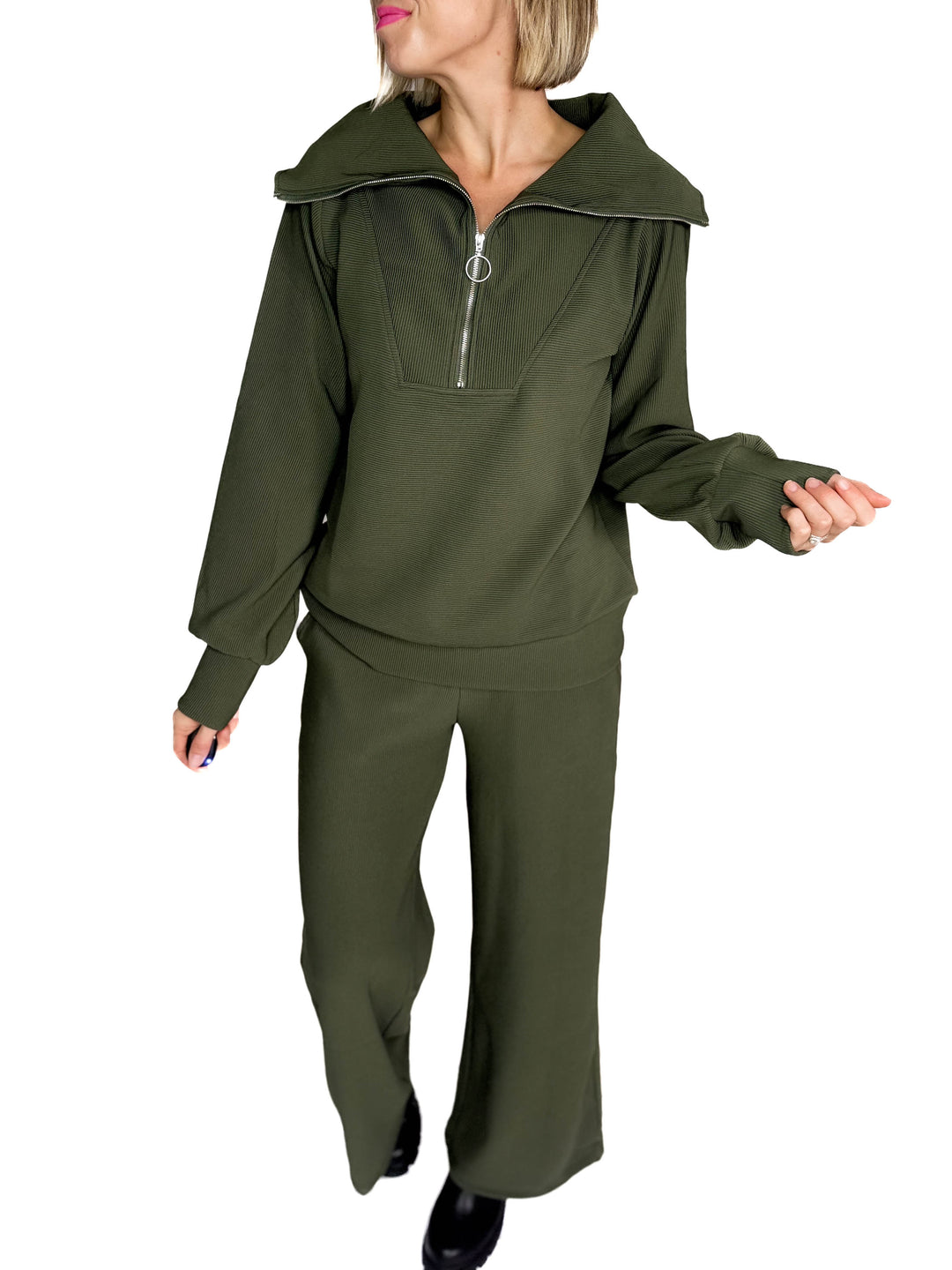 Cider Run Ribbed 1/2 Zip High Neck Set- DARK OLIVE-FINAL SALE