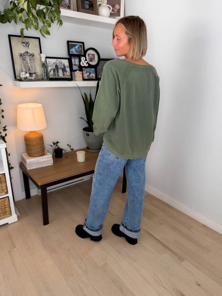Irini Lace Accent Vintage Washed Pullover- OLIVE