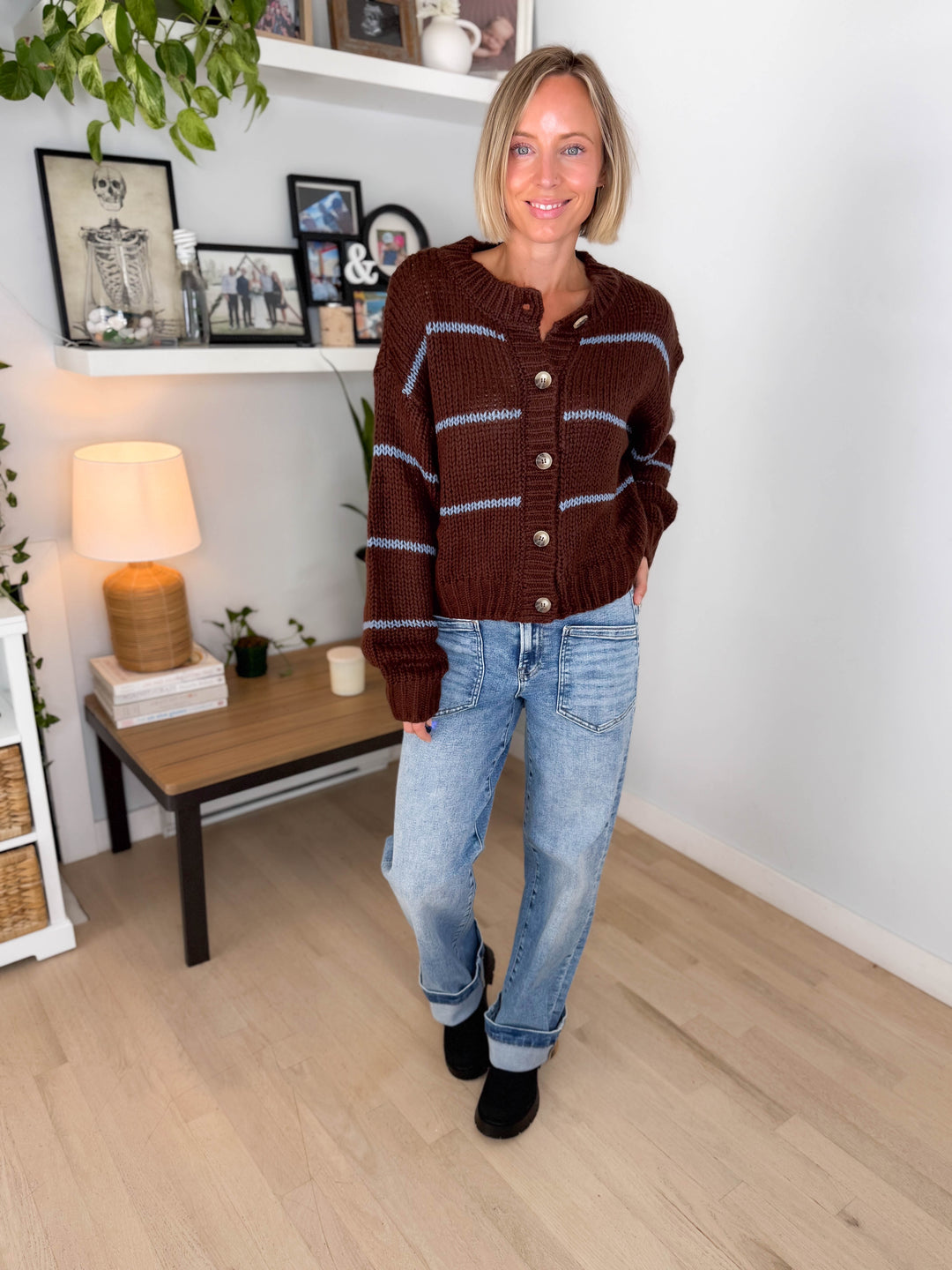 Julissa Button Down Striped Cardigan- BROWN