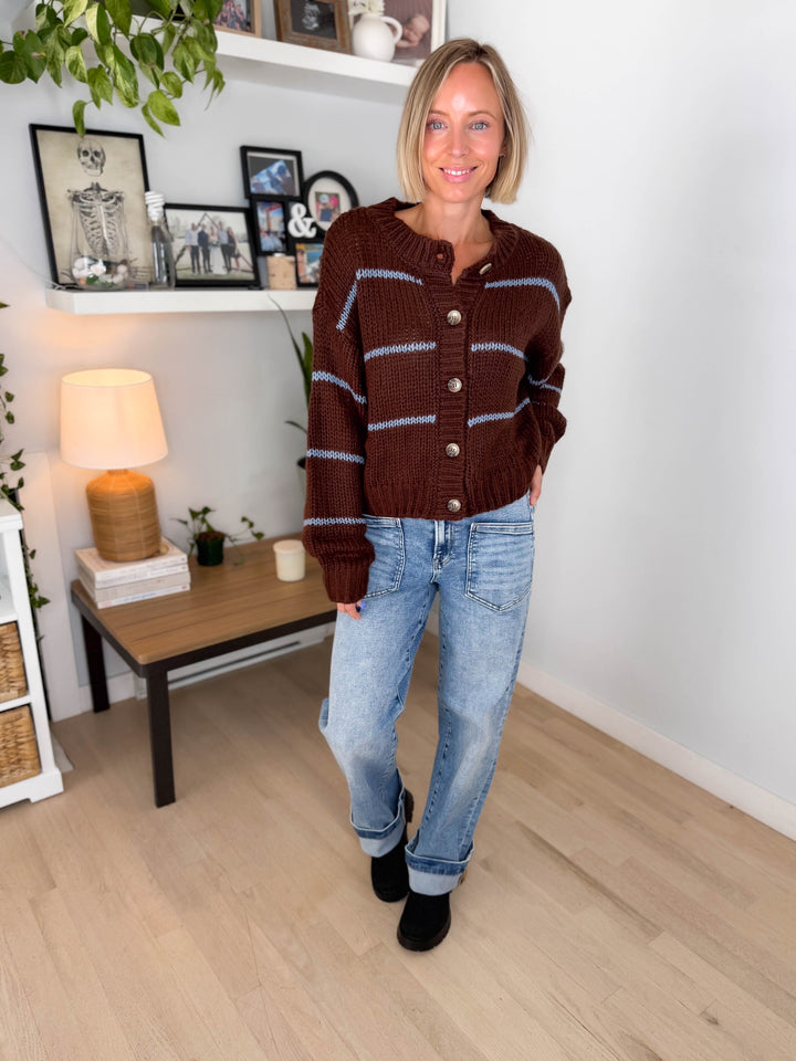 Julissa Button Down Striped Cardigan- BROWN