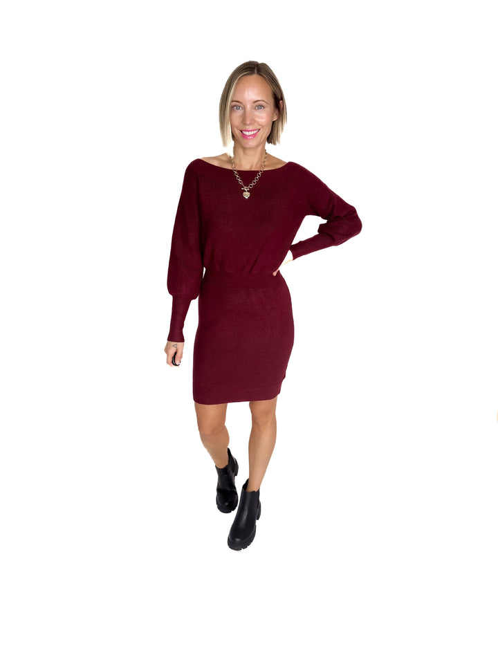 Aspen Air Ribbed Knit Sweater Dress- MAROON