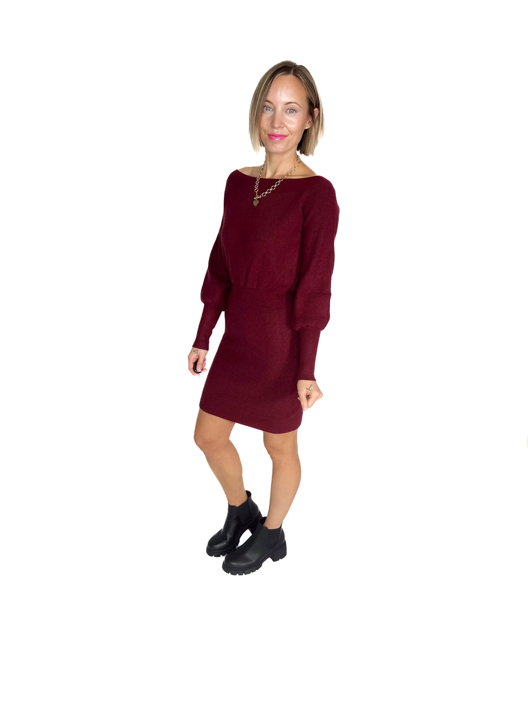 Aspen Air Ribbed Knit Sweater Dress- MAROON