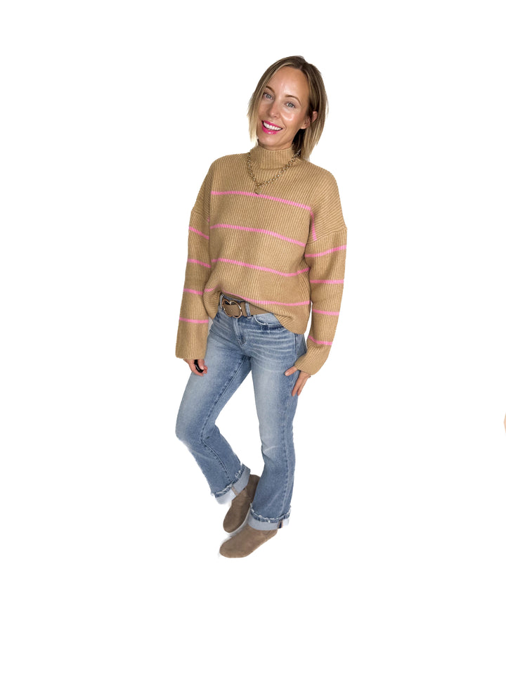 Juliet Mock Neck Ribbed Knit Sweater- TAUPE/PINK