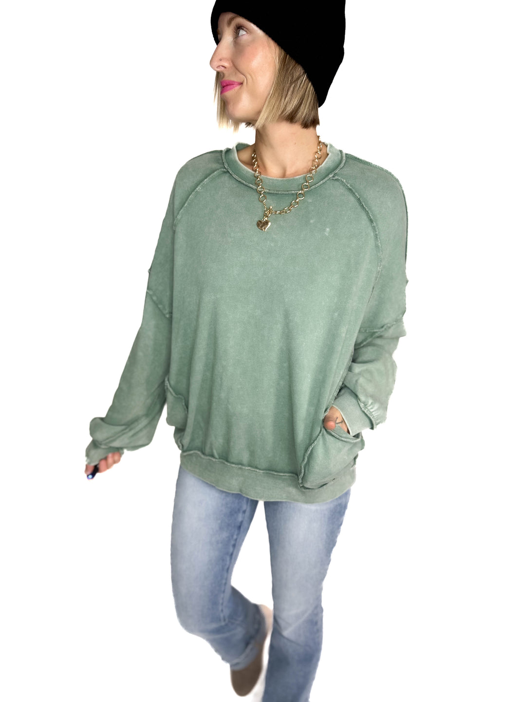 Forage Washed Pocket Pullover- JUNIPER GREEN