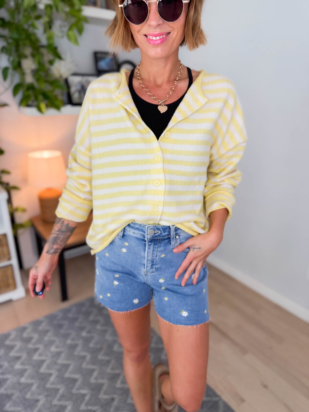 Ciela Stripe Cardigan- LIGHT YELLOW