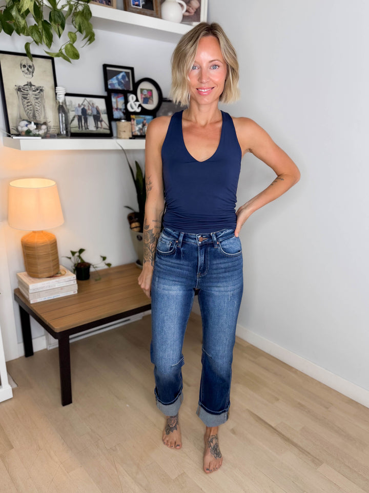 Risen Adley High Rise Cuffed Jeans- DARK WASH