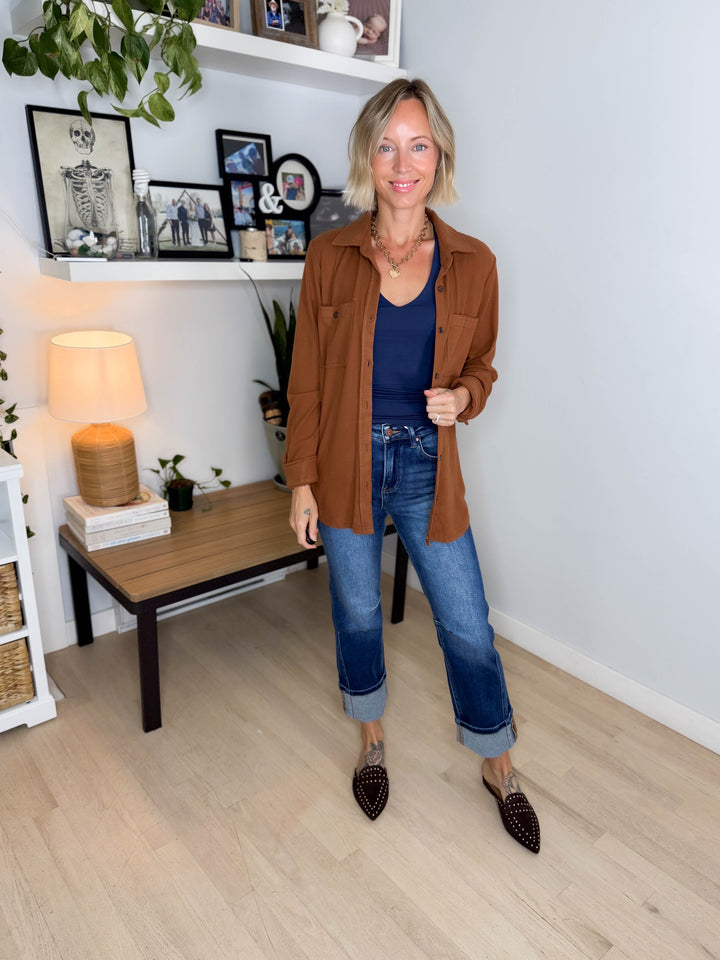 Arabella Plaid Button Up Shacket- BROWN