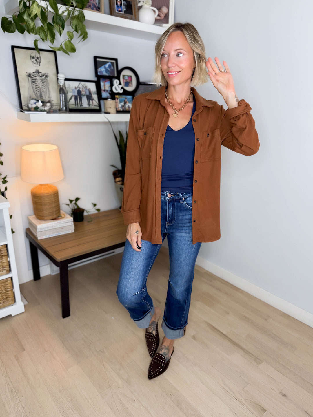 Arabella Plaid Button Up Shacket- BROWN