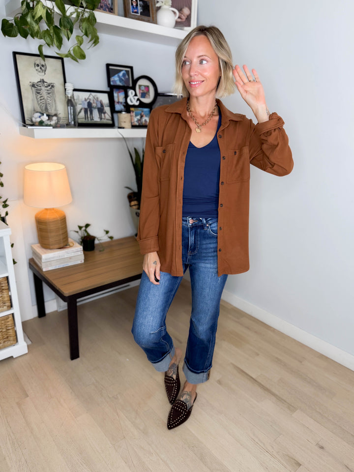Arabella Plaid Button Up Shacket- BROWN