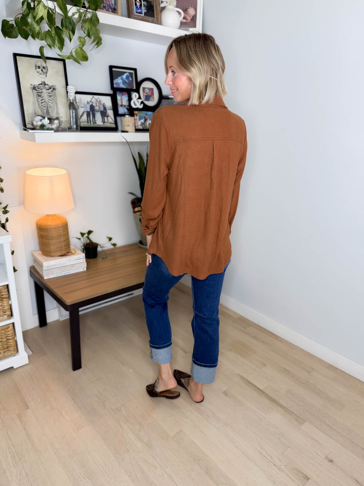 Arabella Plaid Button Up Shacket- BROWN