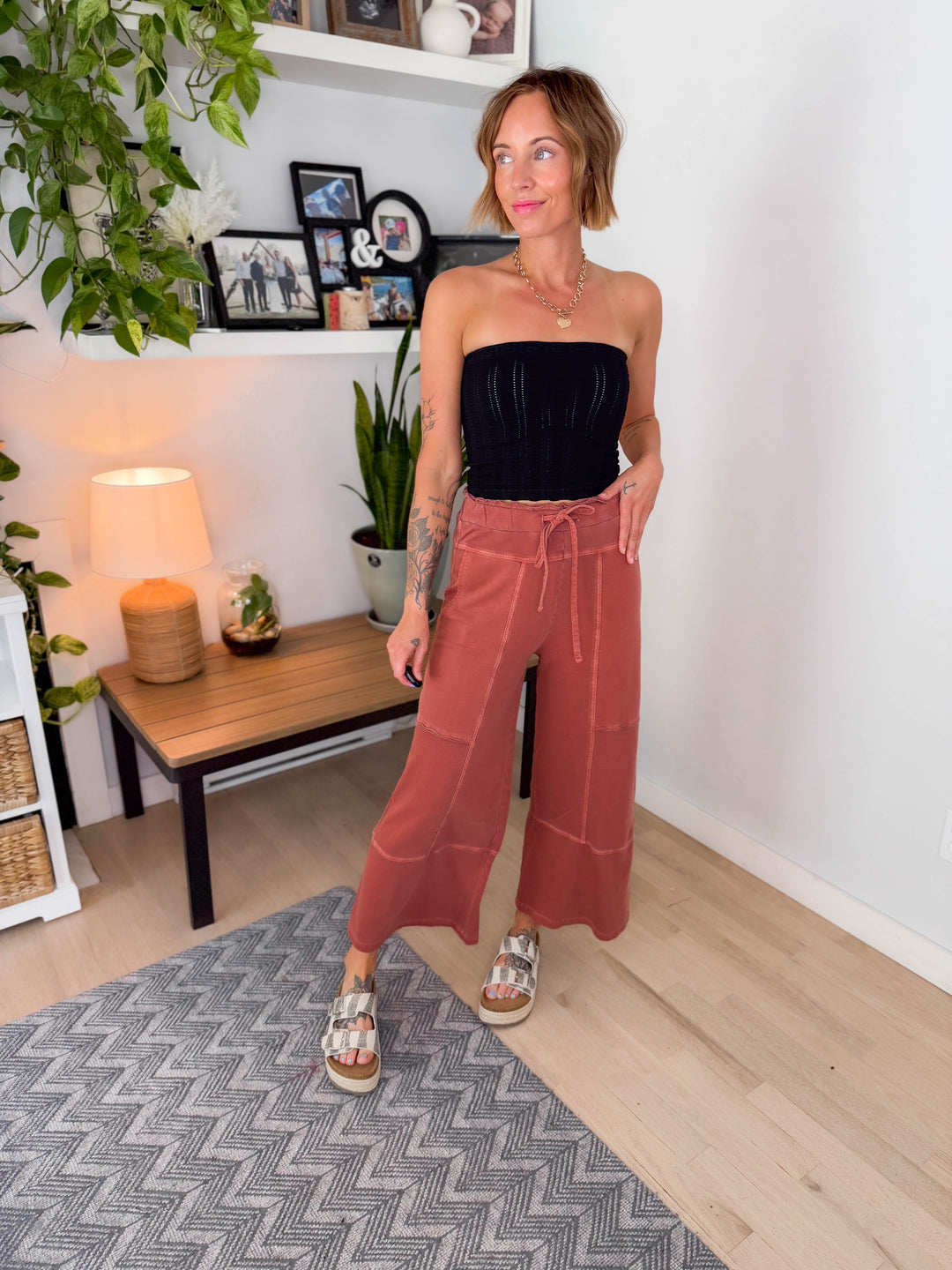 Zorah Wide Leg French Terry Pant- RUST