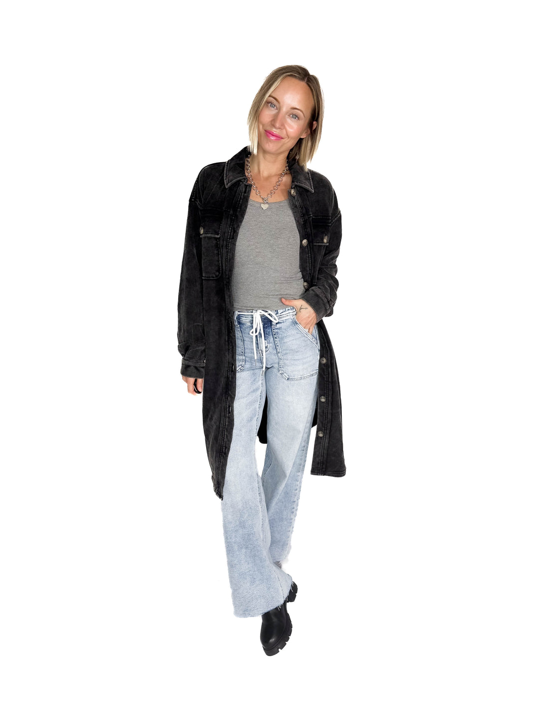 Arctic Washed French Terry Shacket- BLACK