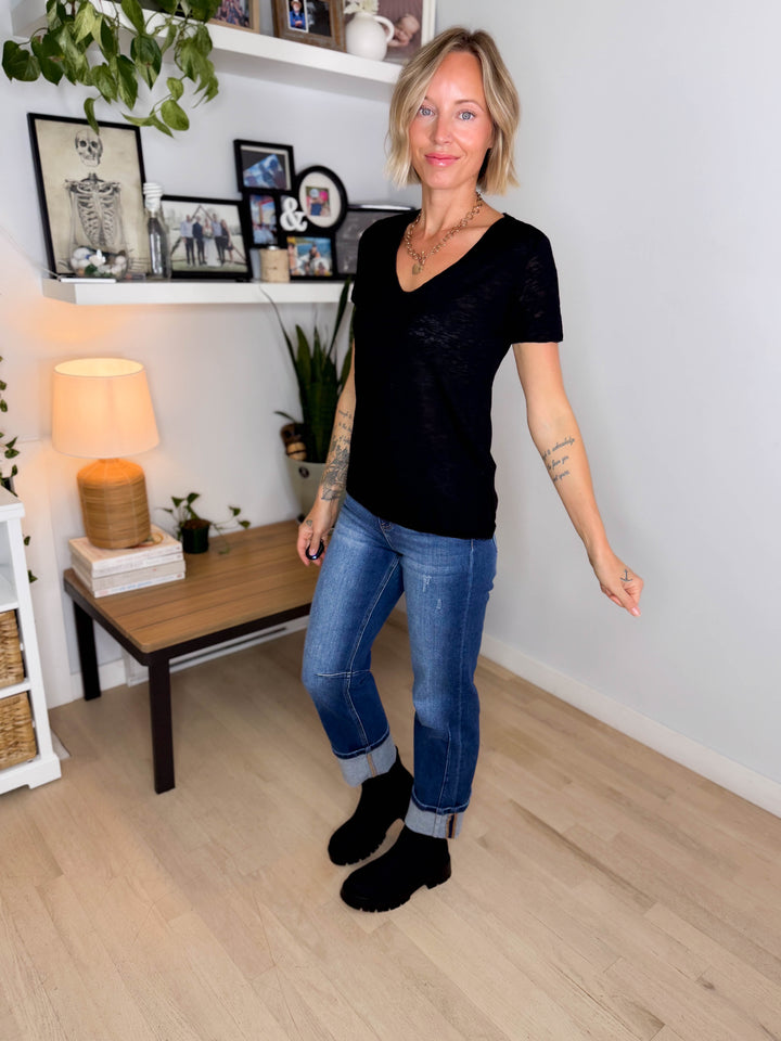 Charlie Slub Scoop Neck Tee- BLACK