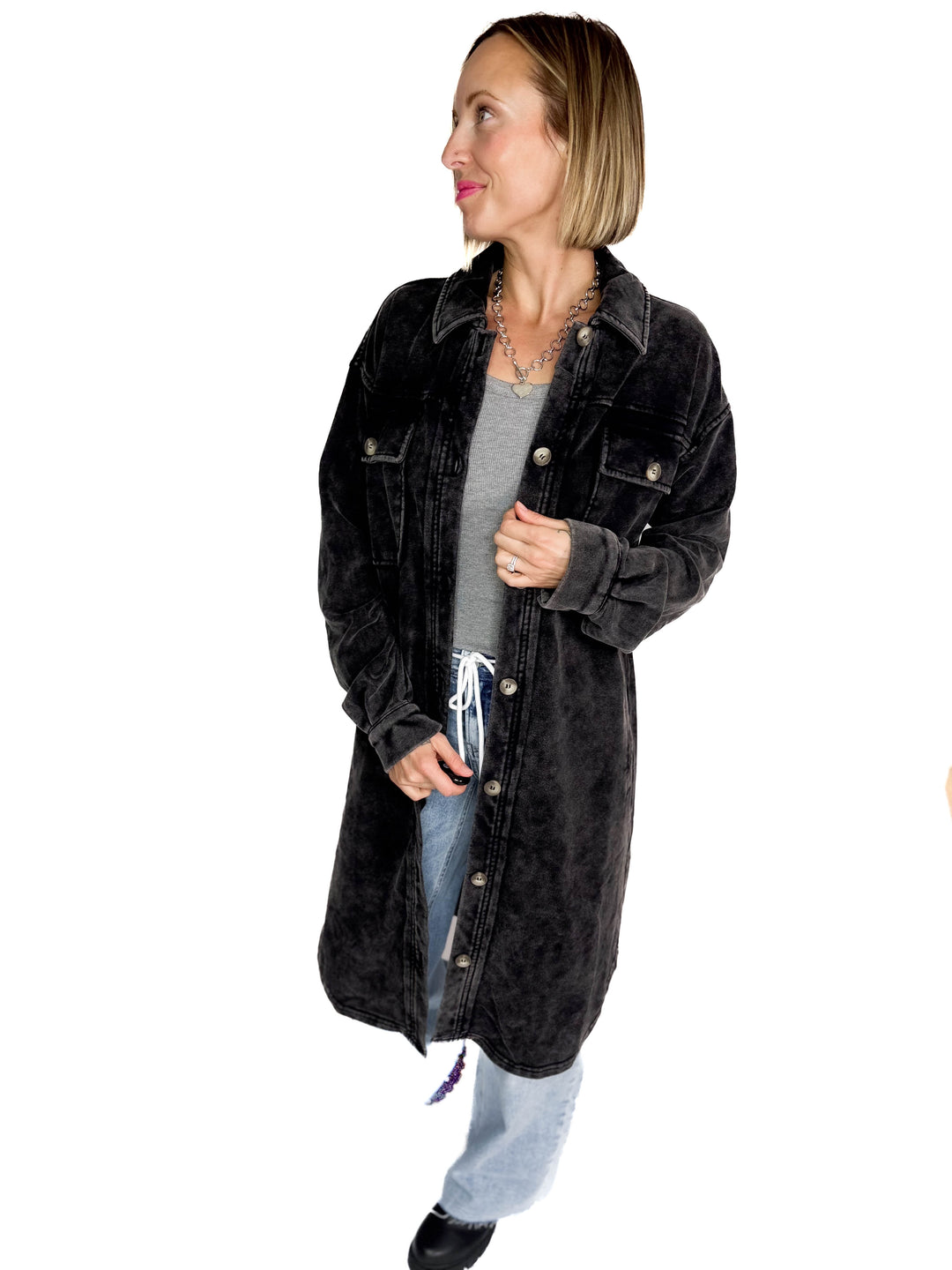 Arctic Washed French Terry Shacket- BLACK