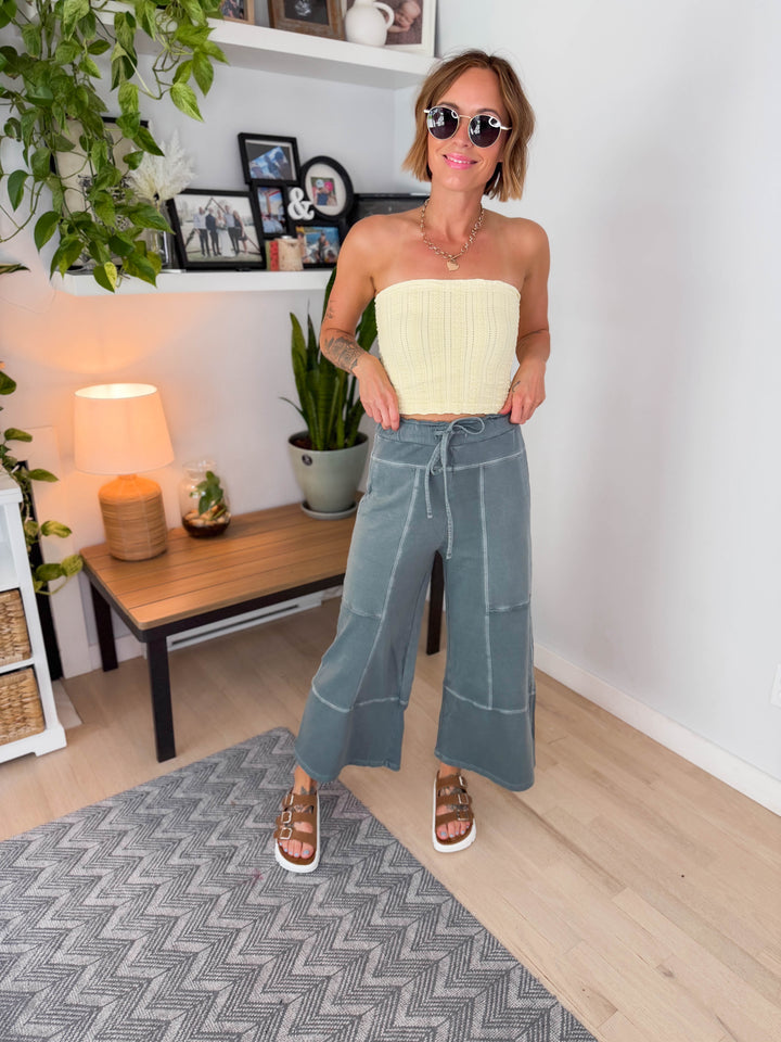 Zorah Wide Leg French Terry Pant- ASH JADE