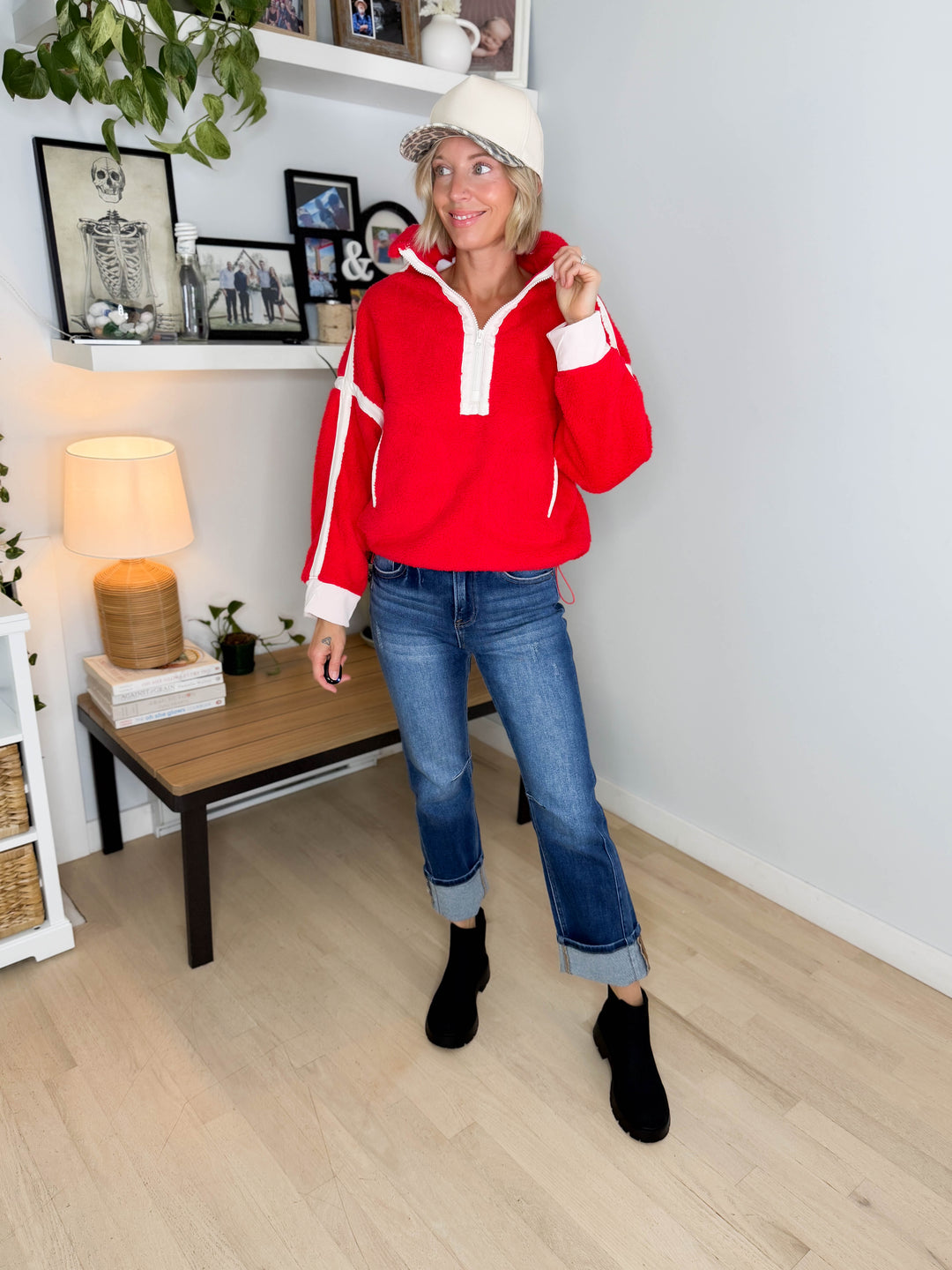 Justina Half Zip Sherpa Fleece Pullover- RED