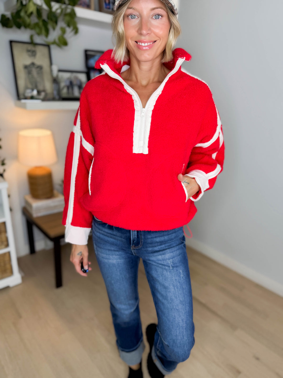 Justina Half Zip Sherpa Fleece Pullover- RED