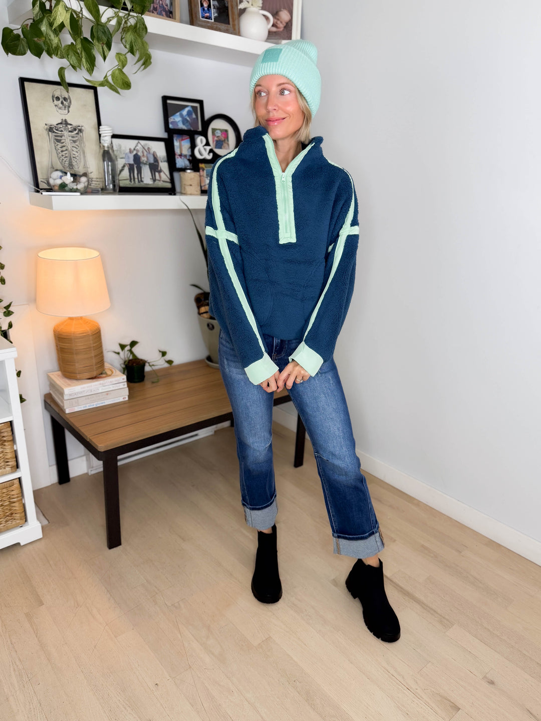 Justina Half Zip Sherpa Fleece Pullover- NAVY