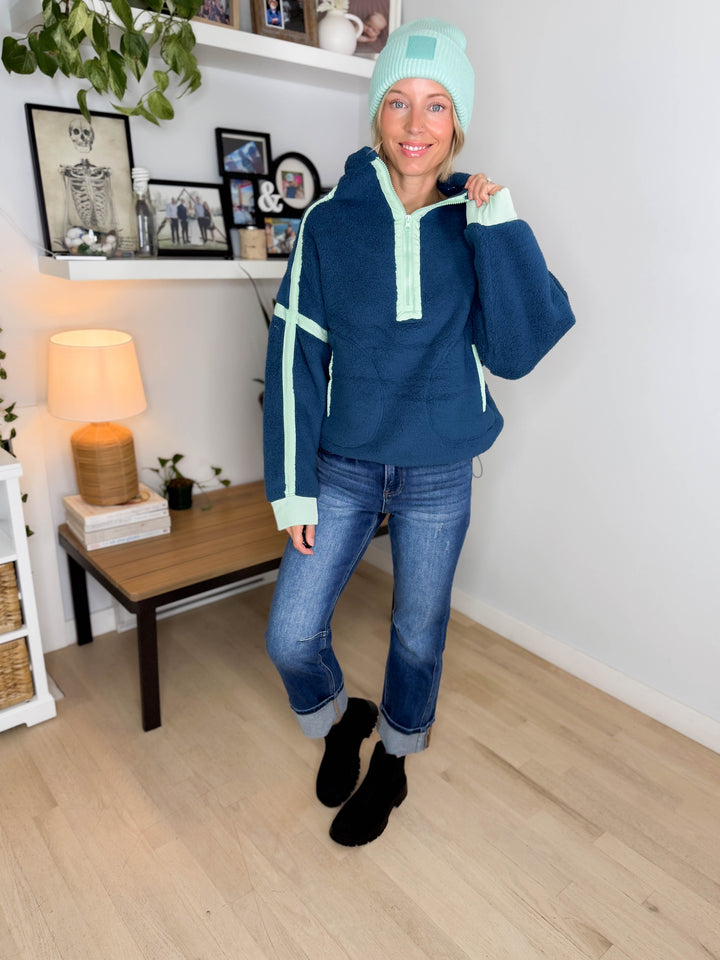 Justina Half Zip Sherpa Fleece Pullover- NAVY