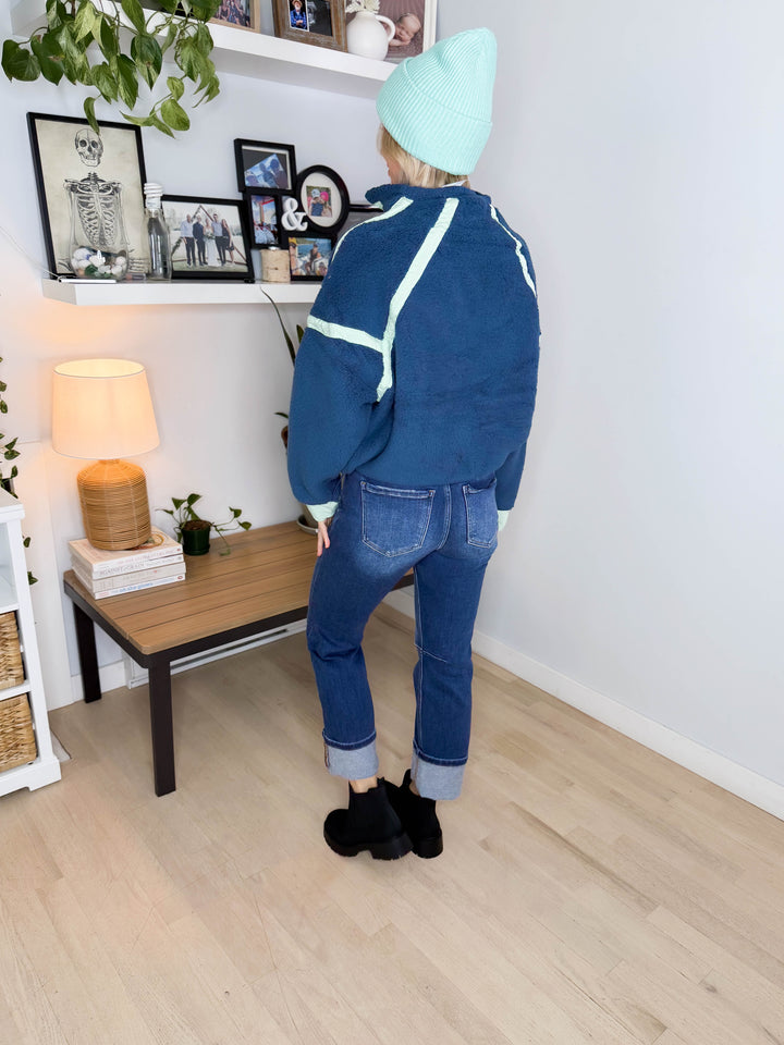 Justina Half Zip Sherpa Fleece Pullover- NAVY