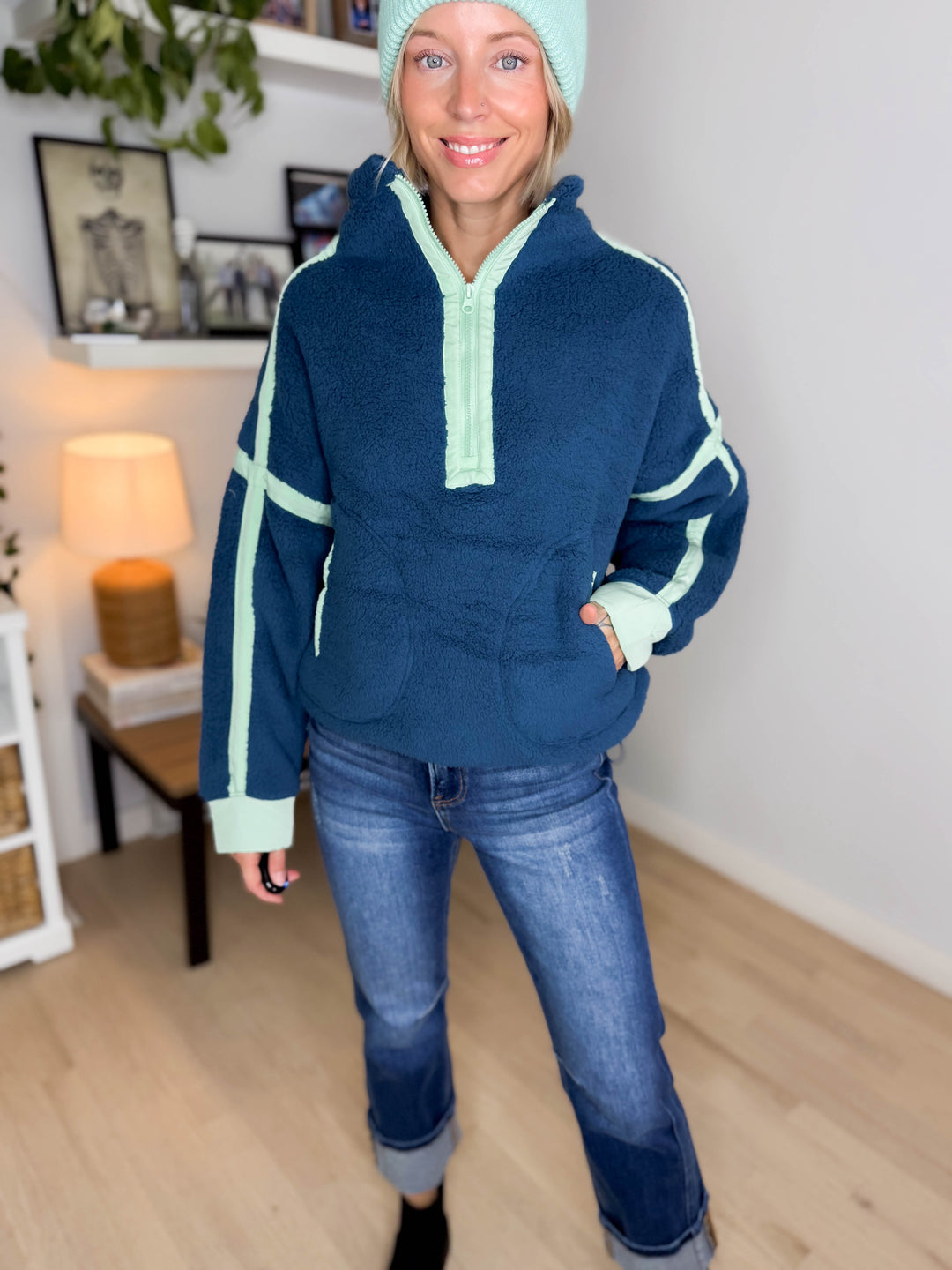 Justina Half Zip Sherpa Fleece Pullover- NAVY