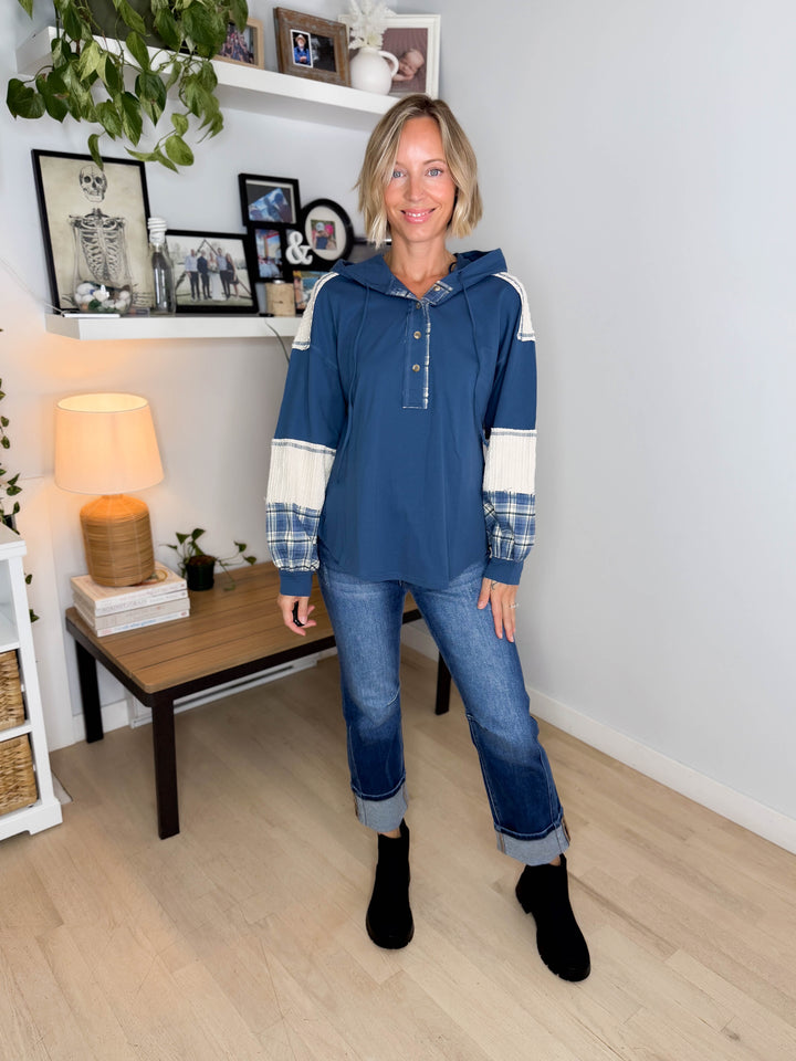 Maren Plaid Cotton Hoodie- DENIM