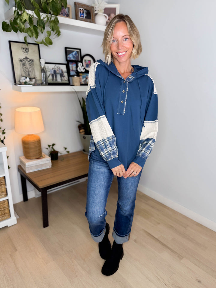 Maren Plaid Cotton Hoodie- DENIM