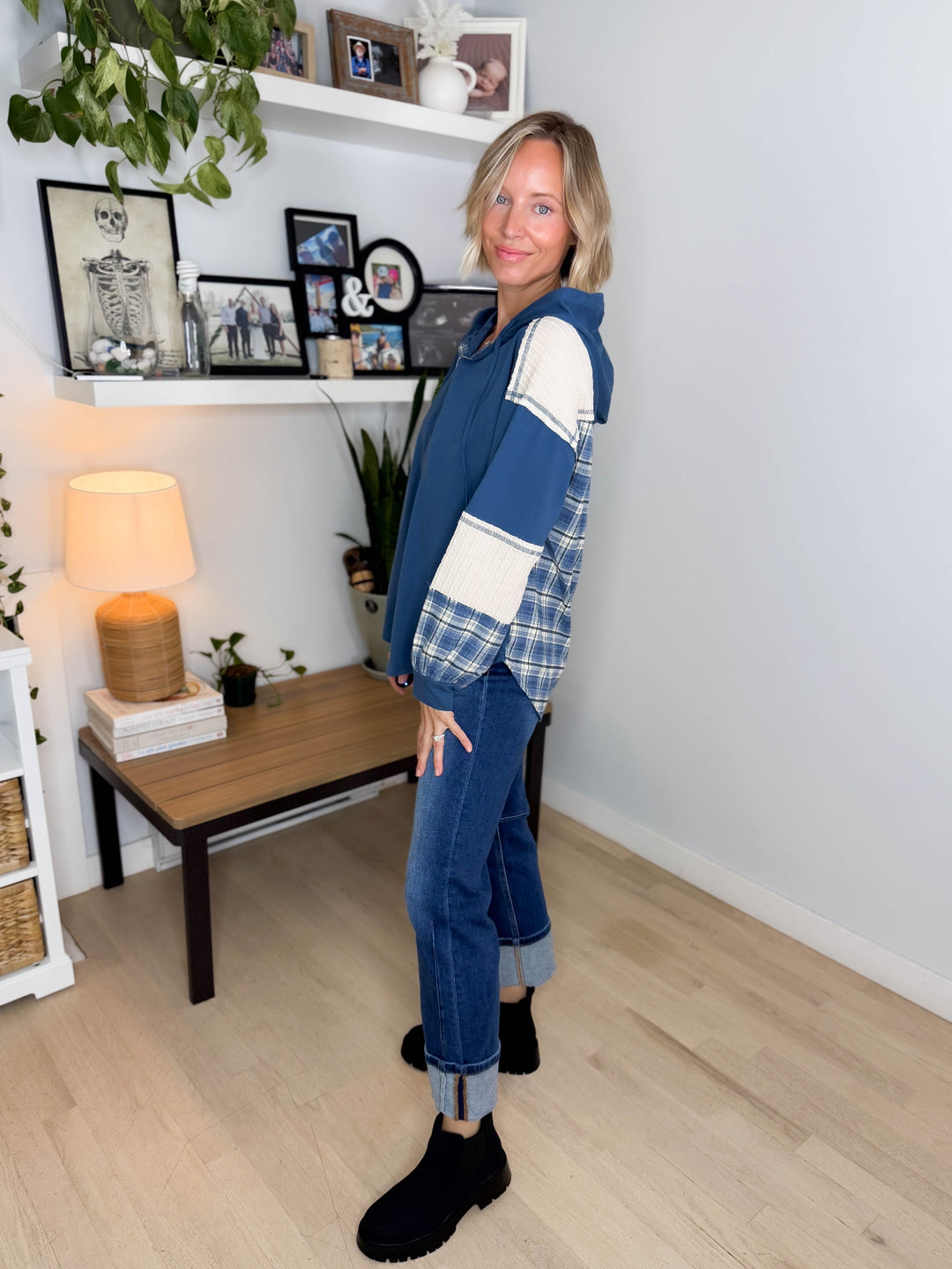 Maren Plaid Cotton Hoodie- DENIM