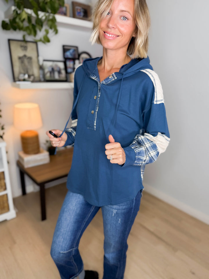 Maren Plaid Cotton Hoodie- DENIM