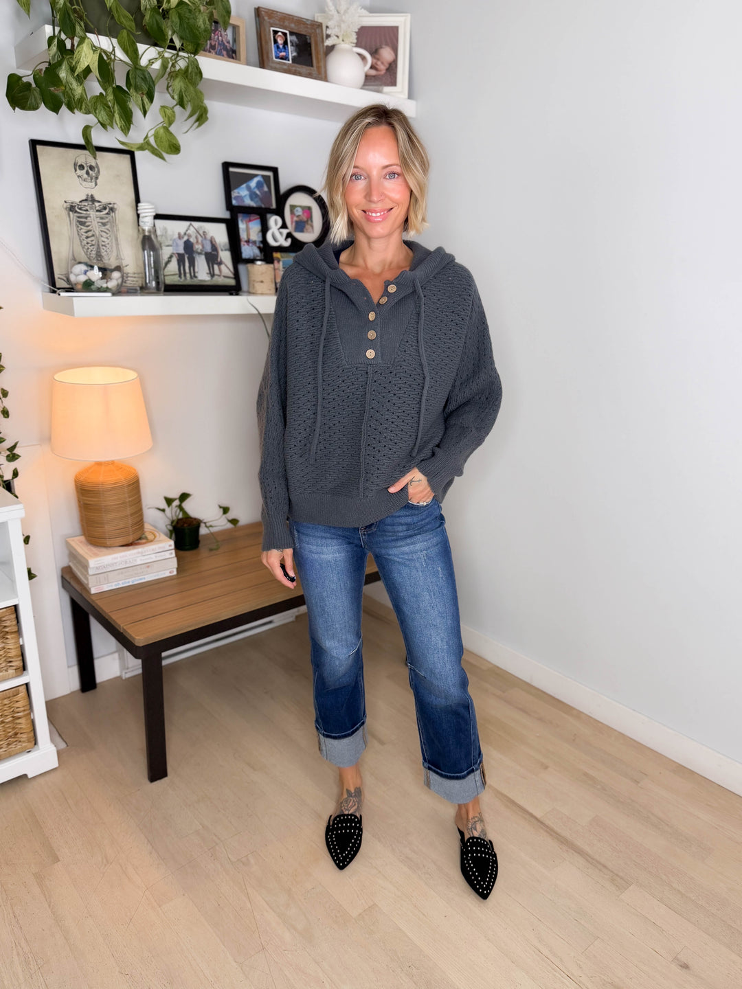 Elenara Half Button Down Hoodie Sweater- CHARCOAL