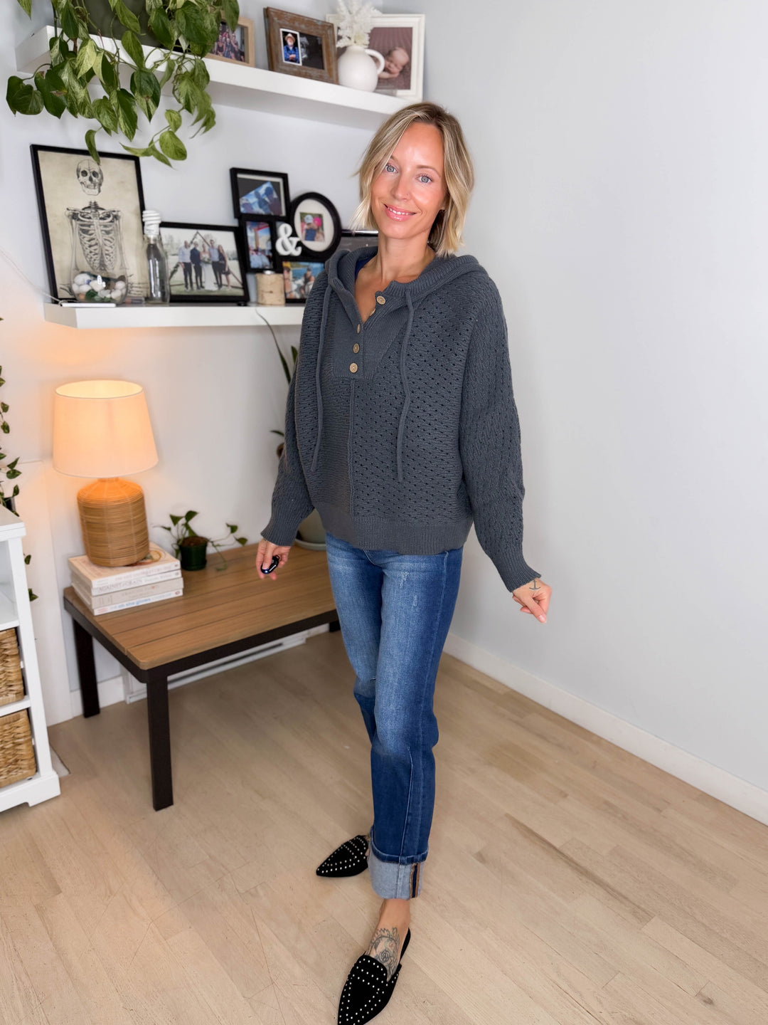 Elenara Half Button Down Hoodie Sweater- CHARCOAL