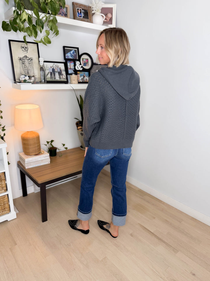 Elenara Half Button Down Hoodie Sweater- CHARCOAL