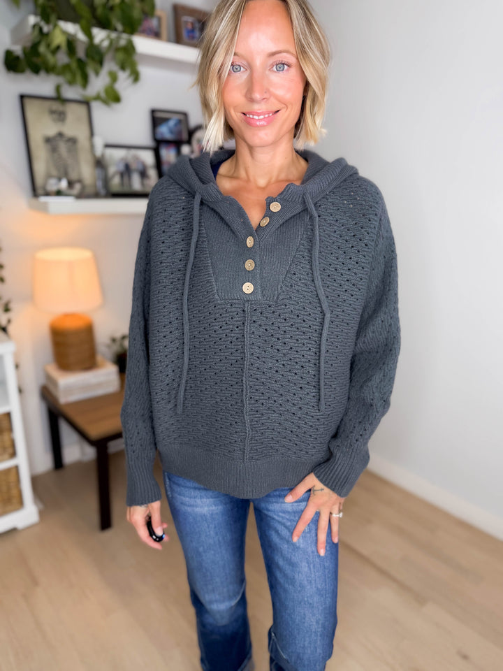 Elenara Half Button Down Hoodie Sweater- CHARCOAL