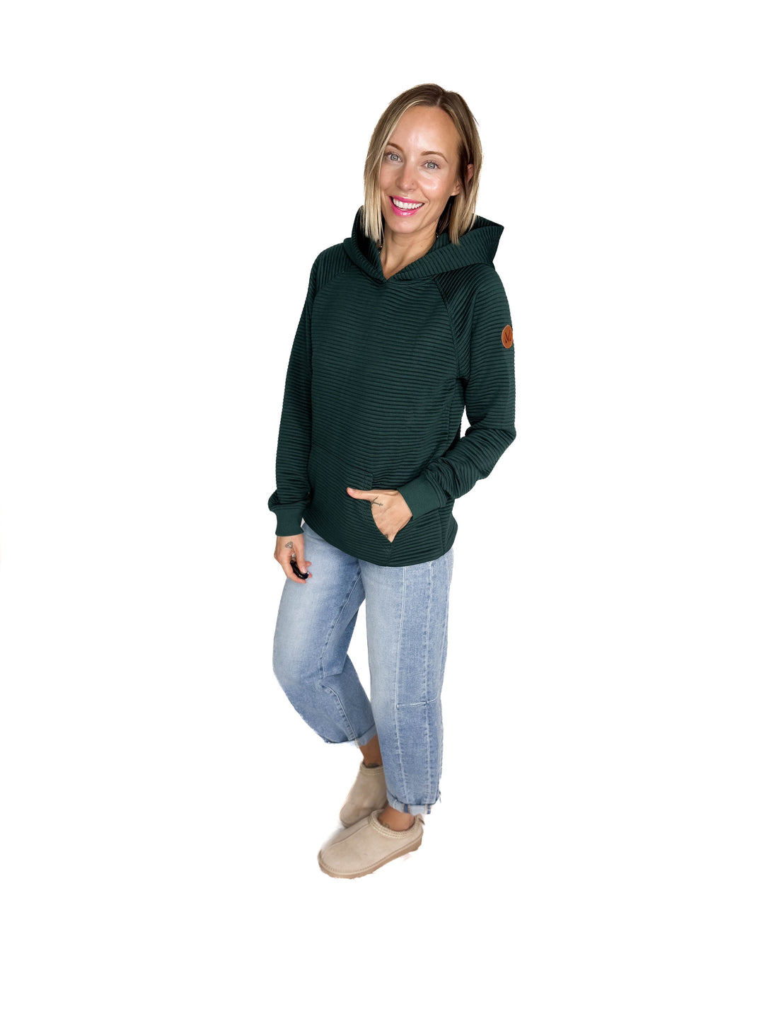 MICHELLE MAE Tatum Textured Hoodie- HUNTER GREEN