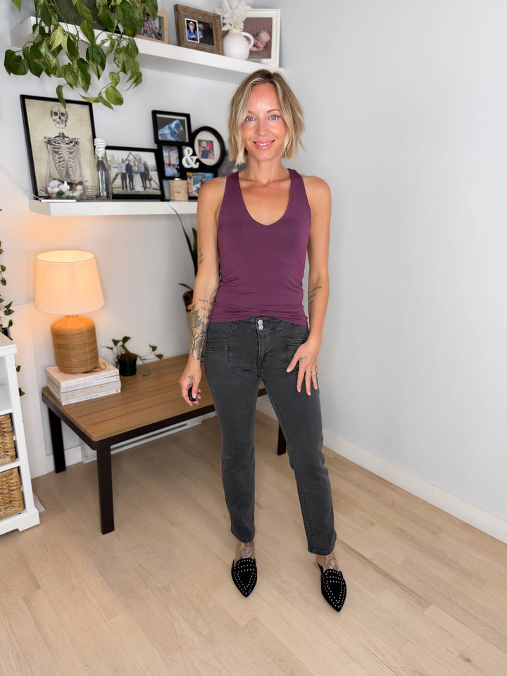 Sandra Doubled Lined V-Neck Racerback Tank- DARK PLUM