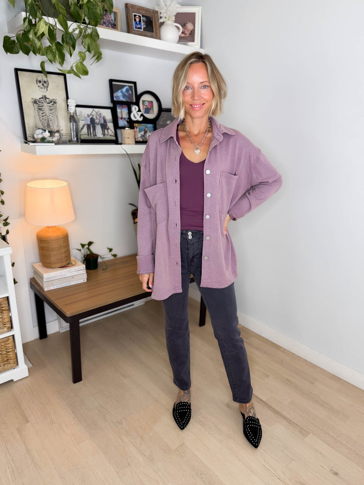 Darla Oversized Washed Soft Button Shacket- COCOA