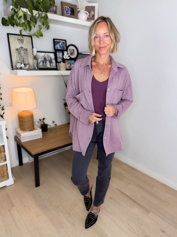 Darla Oversized Washed Soft Button Shacket- COCOA
