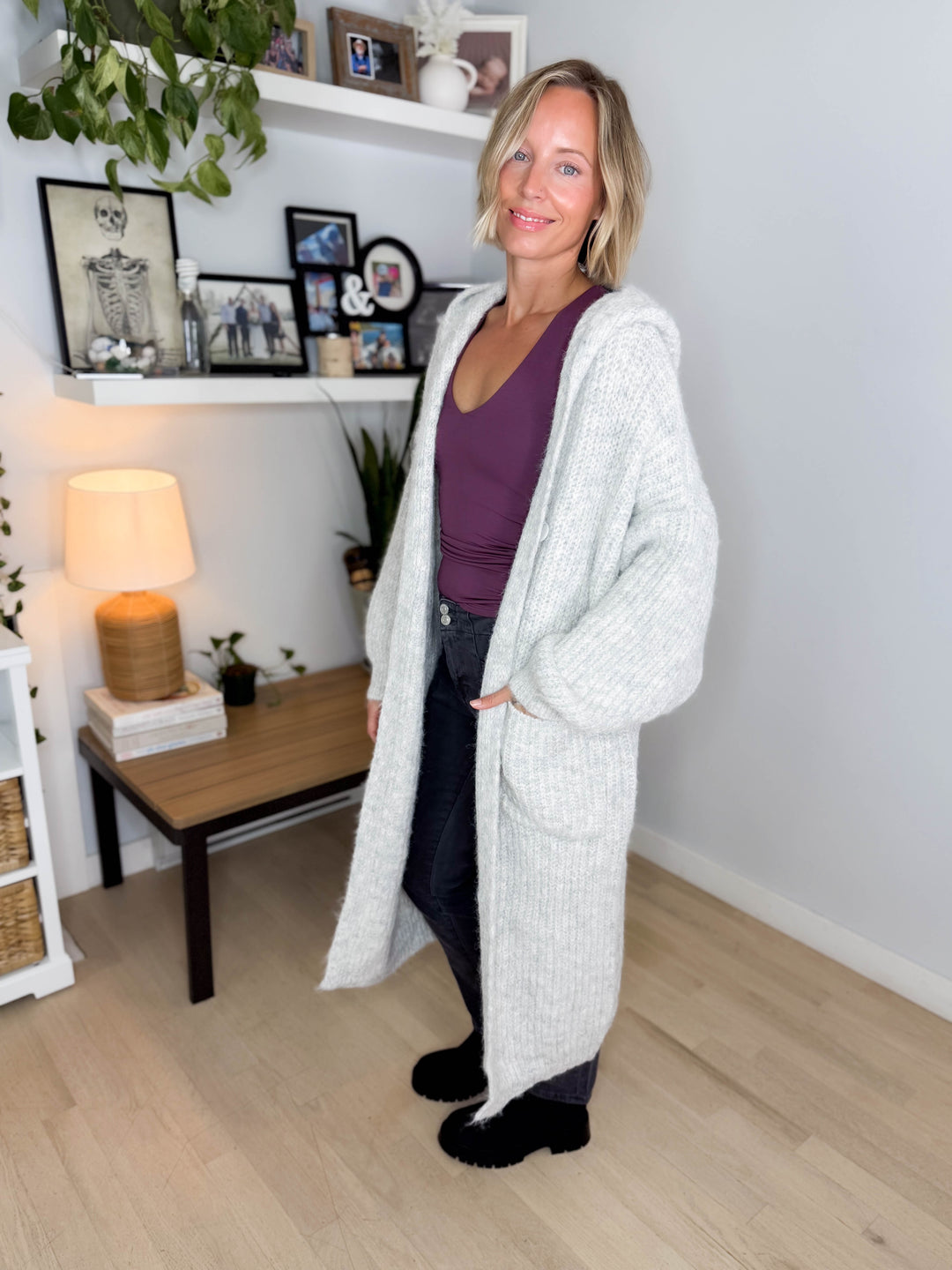 Cabin Cozy Hooded Cardigan- LT GREY