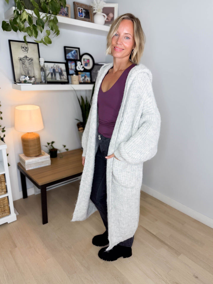 Cabin Cozy Hooded Cardigan- LT GREY