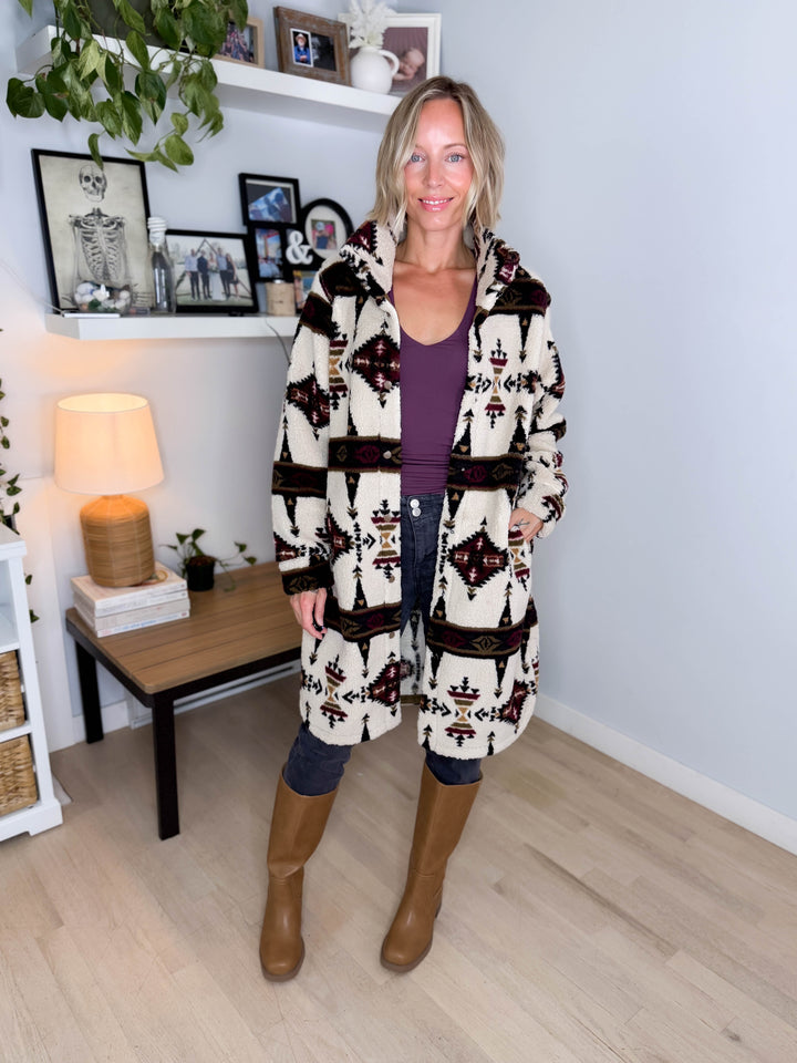 Ainsley Longline Sherpa Jacket- SEPIA