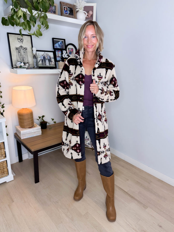 Ainsley Longline Sherpa Jacket- SEPIA