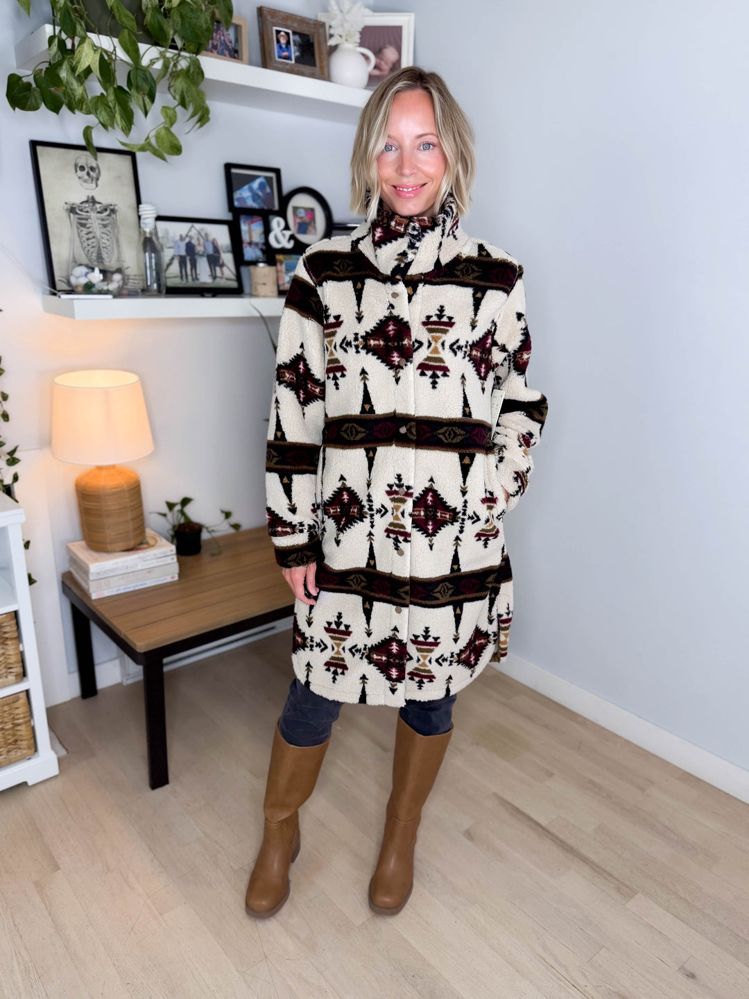 Ainsley Longline Sherpa Jacket- SEPIA
