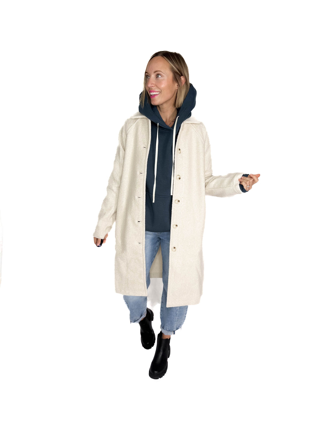 Frosty Boucle Long Button Coat- ECRU OATMEAL