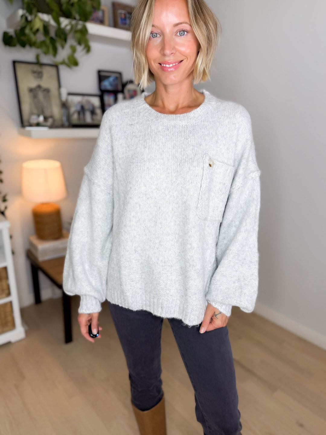 Courtland Pocket Sweater- LT GREY